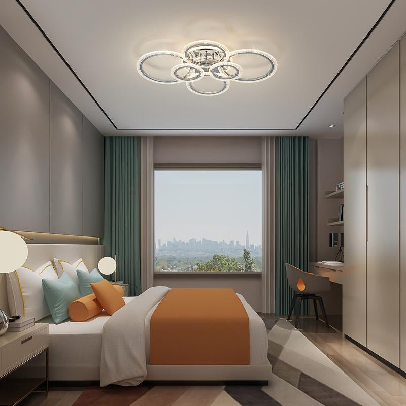 LED Ceiling Lamp, Modern Close to Ceiling Light, Dimmable 6 Rings Ceiling Chandelier for Living Room Bedroom, Chrome