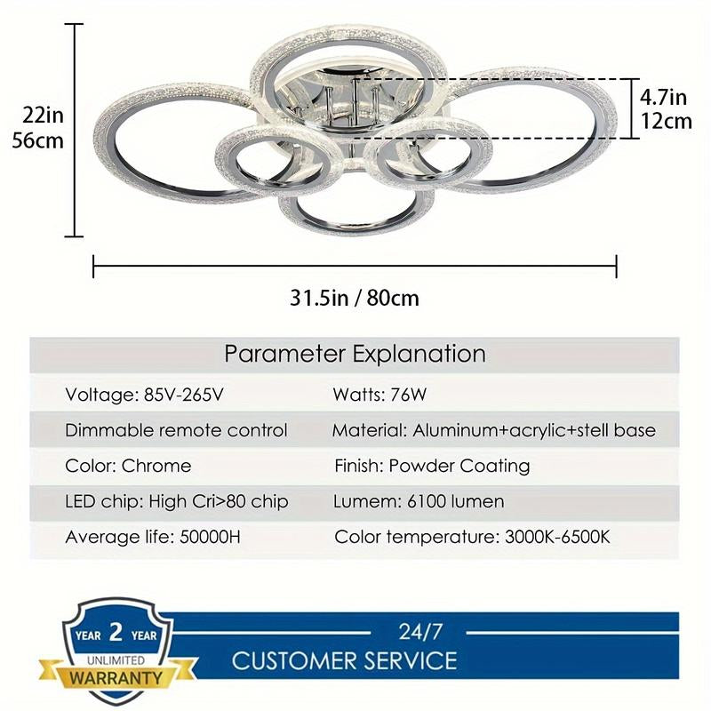 LED Ceiling Lamp, Modern Close to Ceiling Light, Dimmable 6 Rings Ceiling Chandelier for Living Room Bedroom, Chrome