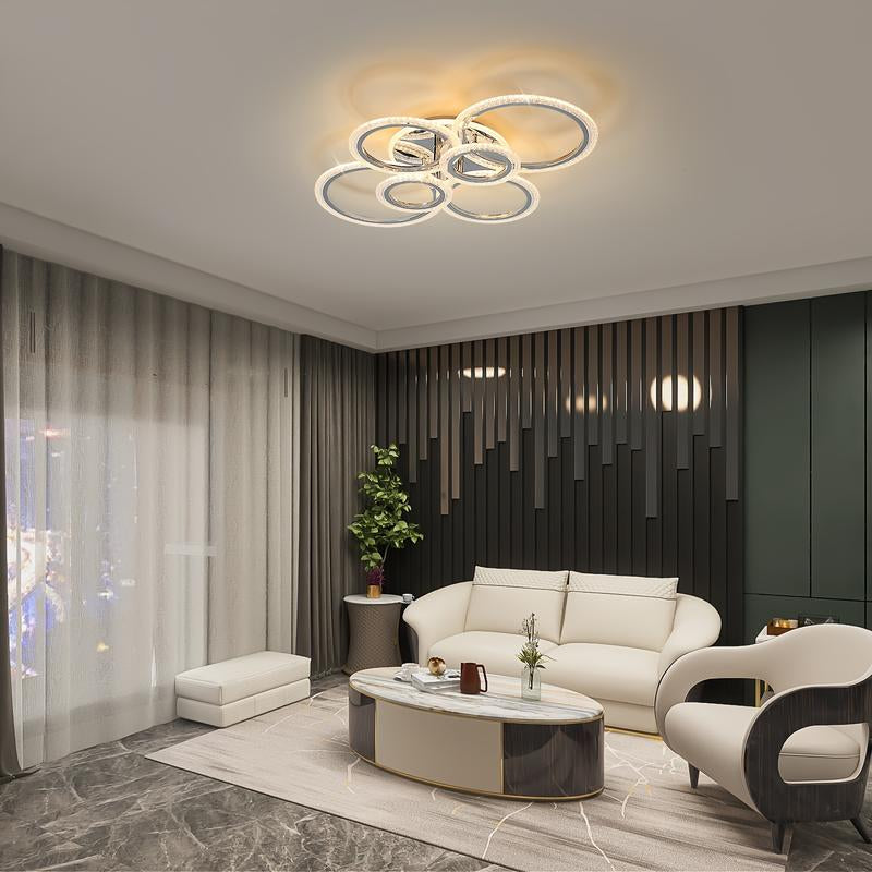 LED Ceiling Lamp, Modern Close to Ceiling Light, Dimmable 6 Rings Ceiling Chandelier for Living Room Bedroom, Chrome