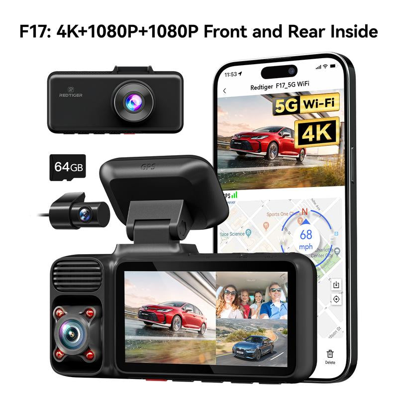 Redtiger F17 4K 3-Channel Dashcam + Hardwire Kit Double-4 Fuses with IR Night Vision & G-Sensor Emergency Recording