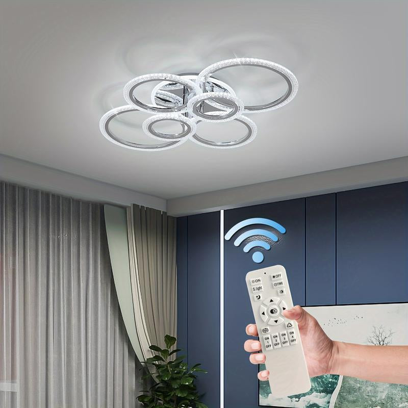 LED Ceiling Lamp, Modern Close to Ceiling Light, Dimmable 6 Rings Ceiling Chandelier for Living Room Bedroom, Chrome