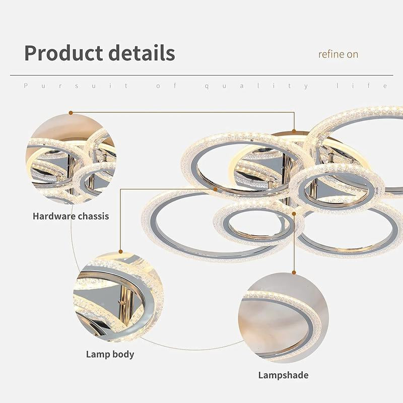 LED Ceiling Lamp, Modern Close to Ceiling Light, Dimmable 6 Rings Ceiling Chandelier for Living Room Bedroom, Chrome