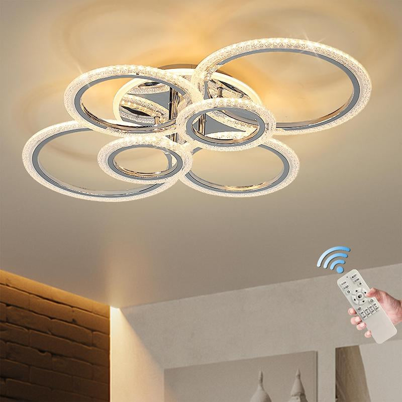 LED Ceiling Lamp, Modern Close to Ceiling Light, Dimmable 6 Rings Ceiling Chandelier for Living Room Bedroom, Chrome